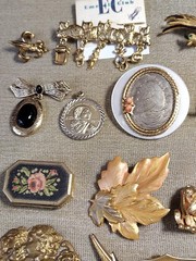 Vintage 20 Brooch Pendant Ring Metal Gold Silver Tone Rhinestone