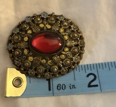 Victorian Brooch Brass Filigree Blue Yellow Flower Red Stone C Clasp Boho Czech?