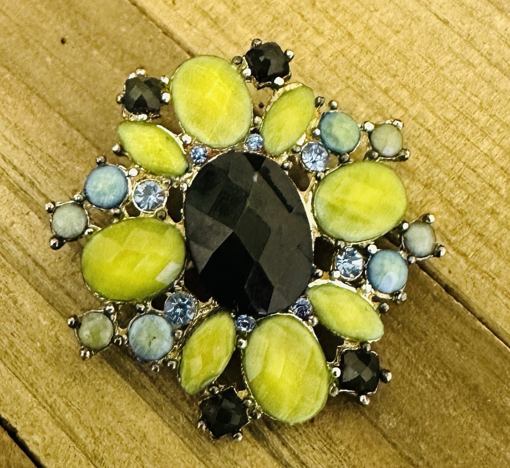 Vintage Multicolor Stone Floral Brooch Pendant Green Blue Black Statement 1 3/4”