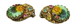 West Germany Rhinestone Earrings Floral Cabochon Signed Costume Jewelry Vintage