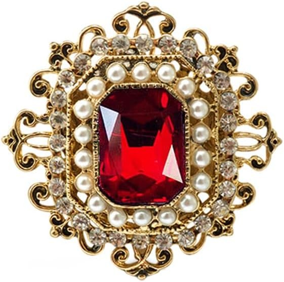Antique Rhinestone Brooch Pin for Women Girls Gold Tone Vintage Red CZ