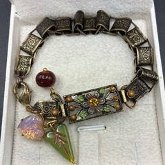 Vintage Faux Opal Heart, Japan Glass,& Book Chain Links Bracelet, Integrated New