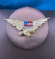 Vintage Gold Tone Rhinestone Patriotic Pin Brooch Eagle American Flag 3 1/8″