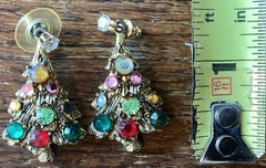 Vtg Christmas Tree Brooch/Pin & Earrings Set Multicolor Cut Rhinestone & Bells