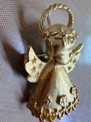 Vintage Solid Brass Angel Brooch Pin Christmas Gold Tone Halo Star Wings Heavy 4