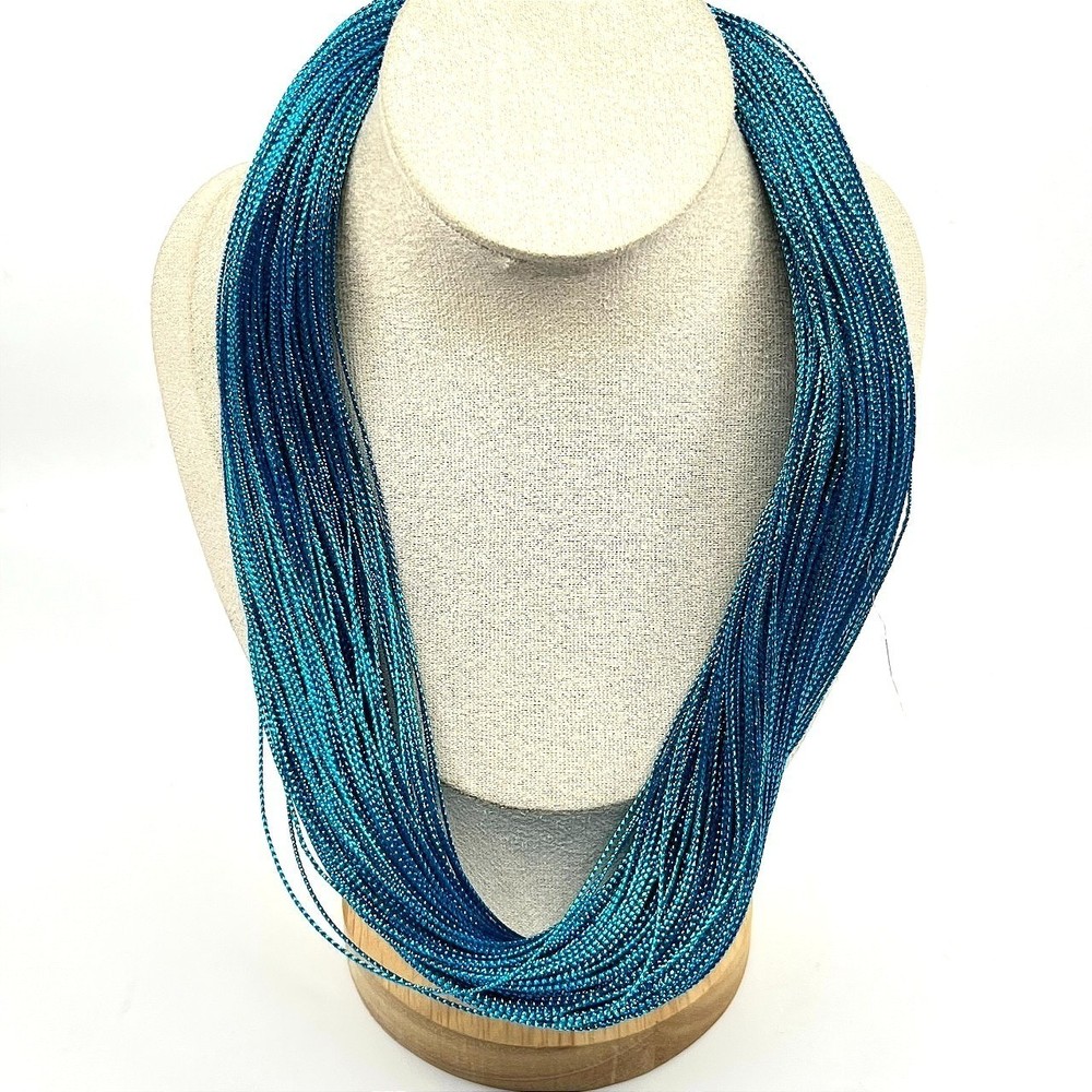 Vintage Retro Multi-Strand Blue Silk Thread Shimmer Choker Necklace Teal Boho