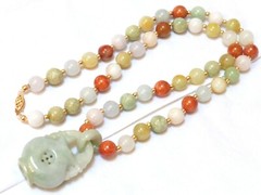 Vintage Chinese 14K GOLD Multi-Color Jade 9mm Beads Necklace Pendant, 22″