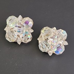 Aurora Borealis Glass Brooch Clip On Earrings Set Cluster Clear