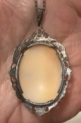 Vintage Victorian Revival Sterling Silver Carved Shell Cameo Pendant Necklace