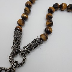 Tigers Eye Marcasite Convertible Bead Necklace Vintage Asian Inspired Charm Boho