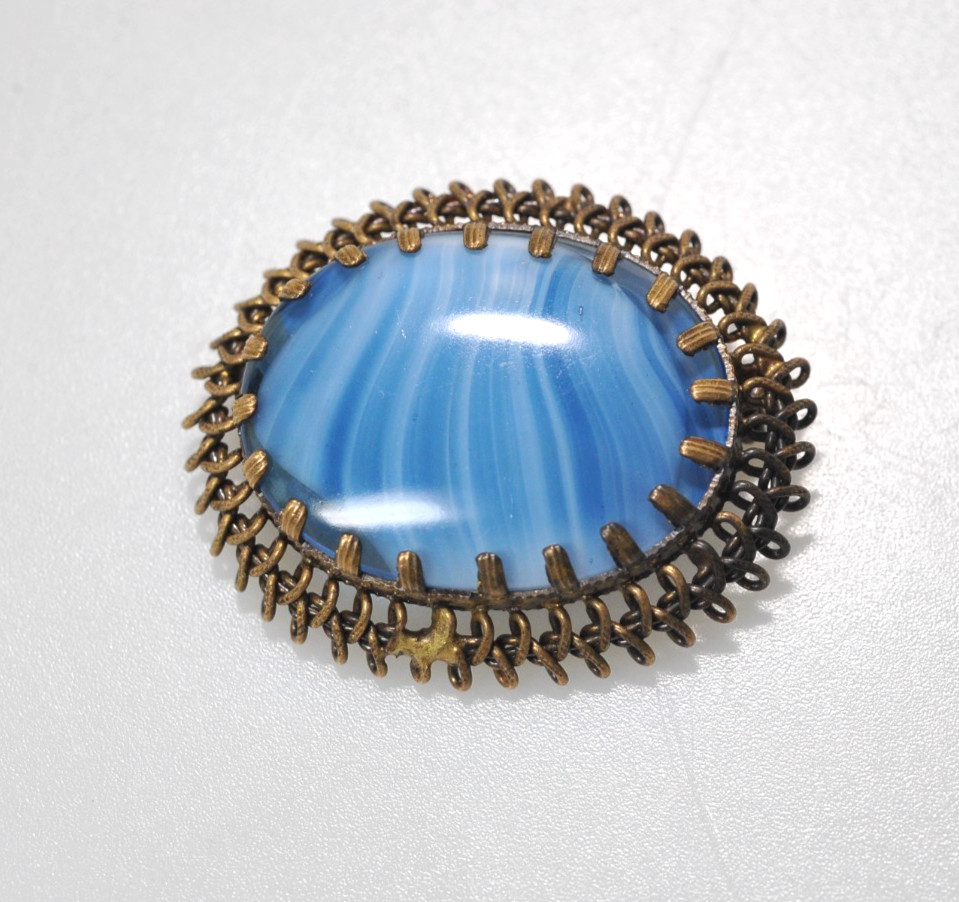 Vintage Filigree Bright Blue Slag Art Glass Brooch Pin oval bezel ML11