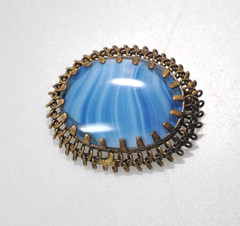 Vintage Filigree Bright Blue Slag Art Glass Brooch Pin oval bezel ML11