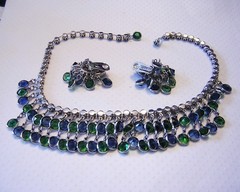 WEISS Lavish ADMIRAL BLUE & FOREST GREEN Rhinestones FRINGE Necklace & Earrings