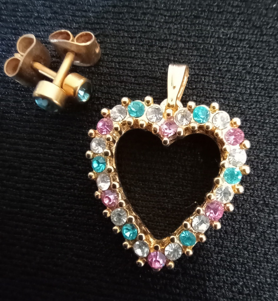 Gold Tone Stud Earrings/ Multicolor Round Rhinestones Heart Pendant