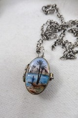 Deco Silver Gilt 800 Egyptian Revival Enamel Moses Basket Locket Pendant 1920s