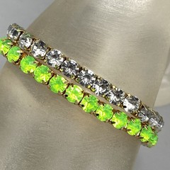 Rhinestone Stretch Bracelet Lime Green Clear Acrylic Prong Set Gold Tone 7″