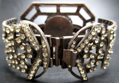 1920’s French Theatrical Red & Sparkling Ice Rhinestone Hinged Bracelet
