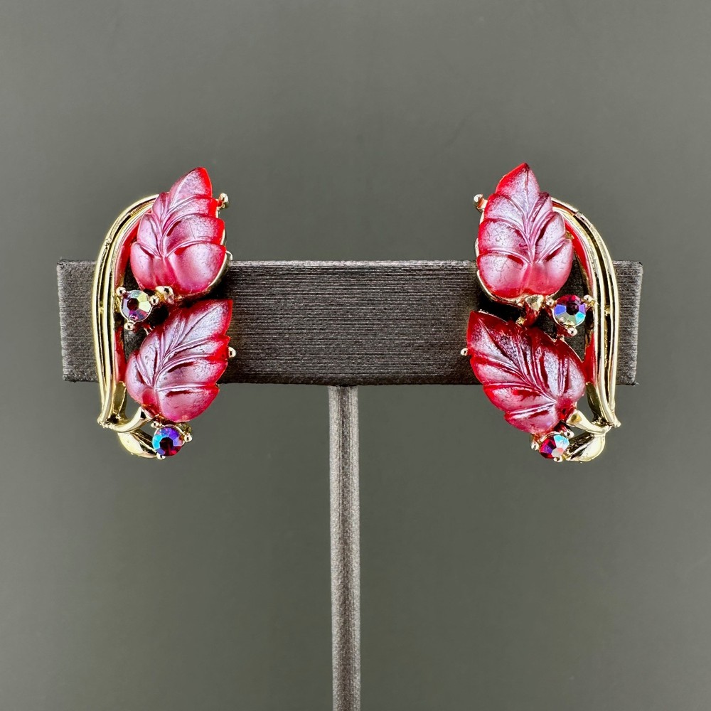 Vintage Rhinestone Flower Earrings Magenta Pink AB Crystal Leaf Climber Signed
