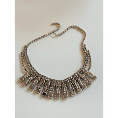 VTG Crystal Rhinestone Necklace choker Silver Clear Elegant Baguettes Bib 14.5″