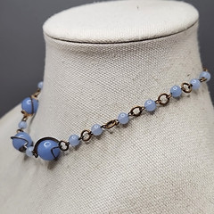 Vintage Glass Beaded Necklace Blue Gold Tone Choker 16″