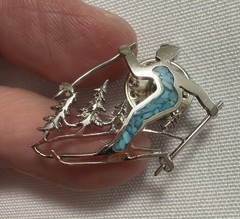 VTG Sterling Silver Turquoise Ski Skier Pin Snow Trees Winter Holiday Skiing
