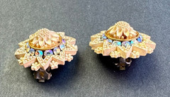 Vintage Cream Color Celluloid Intricate Flower Crystal Rhinestone Clip Earrings