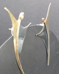 Sterling Silver 925 Abstract Drop Earrings Modern Sculptural Red Accent 6g