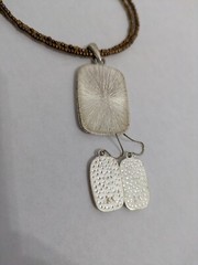 Necklace Earring Set Vintage Designer KC Beaded Two Strand Silver Tone Pendant