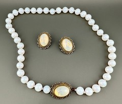Vintage Opalite Necklace Earrings Set Silver Tone Scalloped Filigree Box Clasp