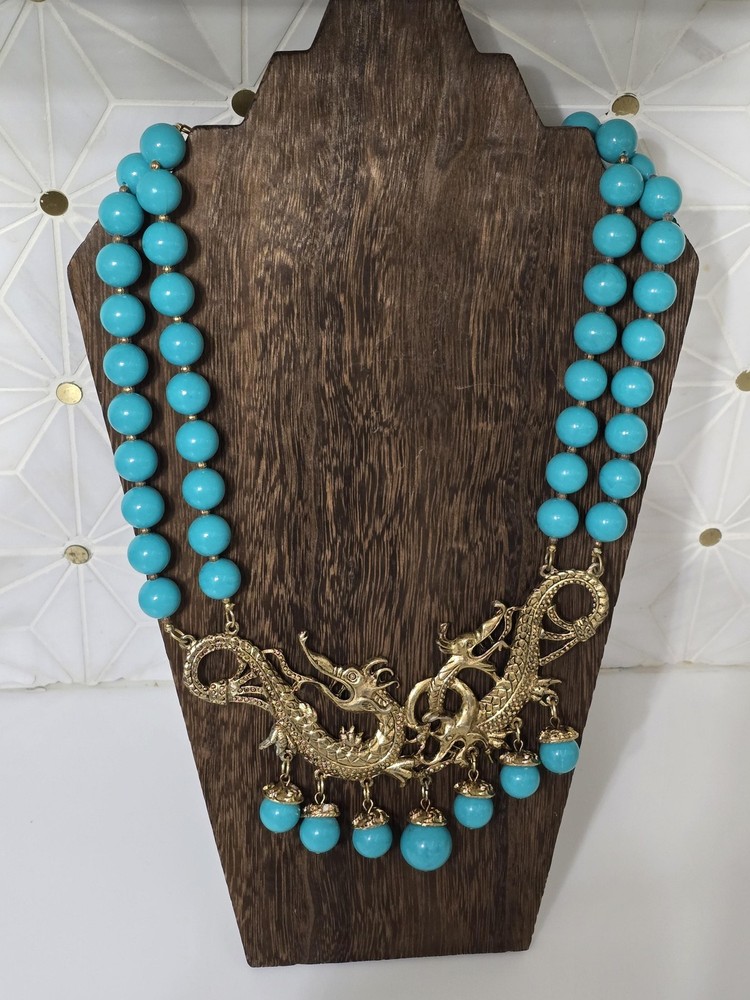Double Strand Chunky Turquoise Color Blue Bead Necklace Gold Tone Dragon Pendant