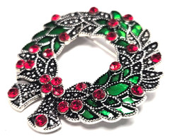 Estate Antiqued Silver Tone & Red Rhinestone Christmas Wreath Pin / Brooch