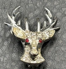 ORA Vintage Art Deco Reindeer Head Small Pin Crystal Rhinestone Ruby Eyes