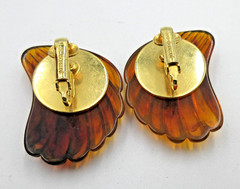 VTG LES BERNARD BIG clip on brown yellow shade gold tone HINGED PIERCED Earring