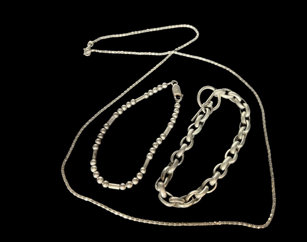 Vintage 3 Lot Silver 925 2 7” Bracelets One 24”Necklace Italy 1.5 Oz 42 G