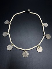 Vintage White Howlite Beaded Coin Necklace, Tribal Boho Necklace, Ethnic Coin