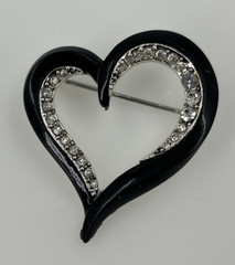 Vintage Liz Claiborne Open Heart Black Enamel Rhinestone Brooch