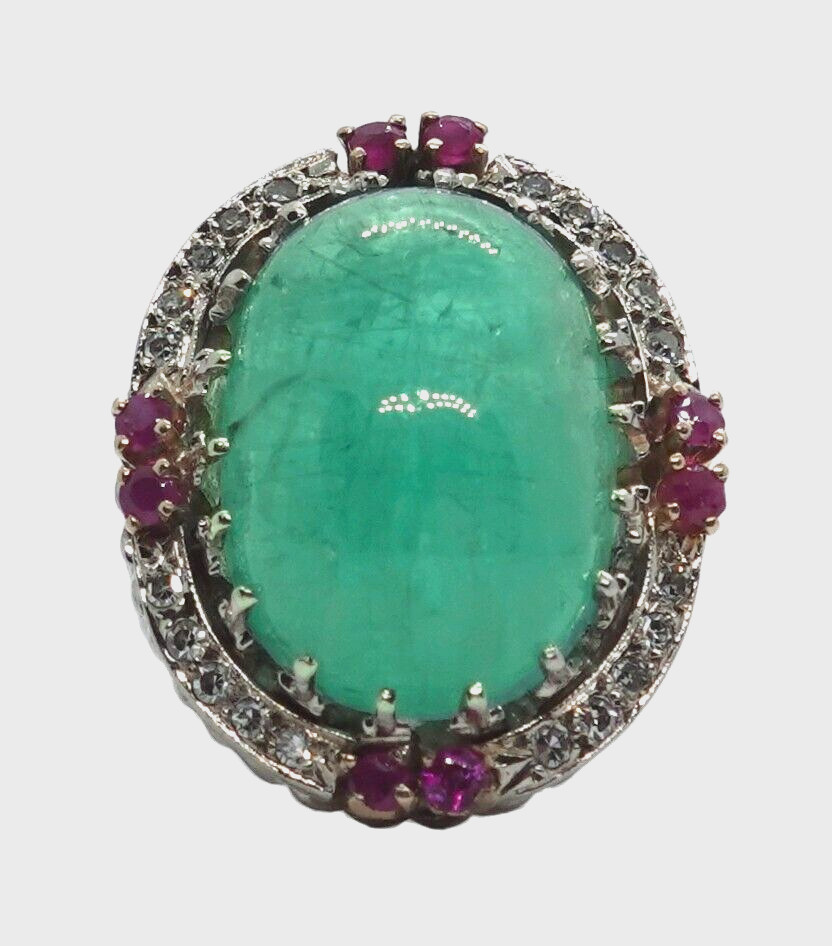 Vintage 14k gold, ruby & diamond accented, 15ct cabochon emerald ring, size 5.50