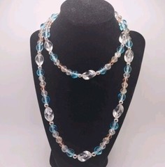 Vintage Monet Glass Pastel Beaded Clear Blue Pink Silver Tone Necklace Hang Tag