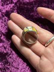 925 Sterling Silver Vintage Ring Yellow Mother Of Pearl Mosaic Inlay Dome