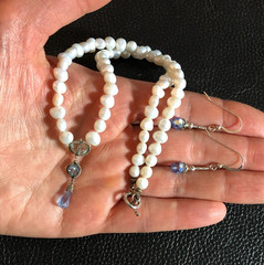 Vintage Cultured Pearl Blue Crystal Lavaliere Y Drop Necklace +925 Earrings 6125