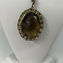 Vintage Large Brown Smoky Quartz Color Cushion Cut Pendant Necklace Gold Tone