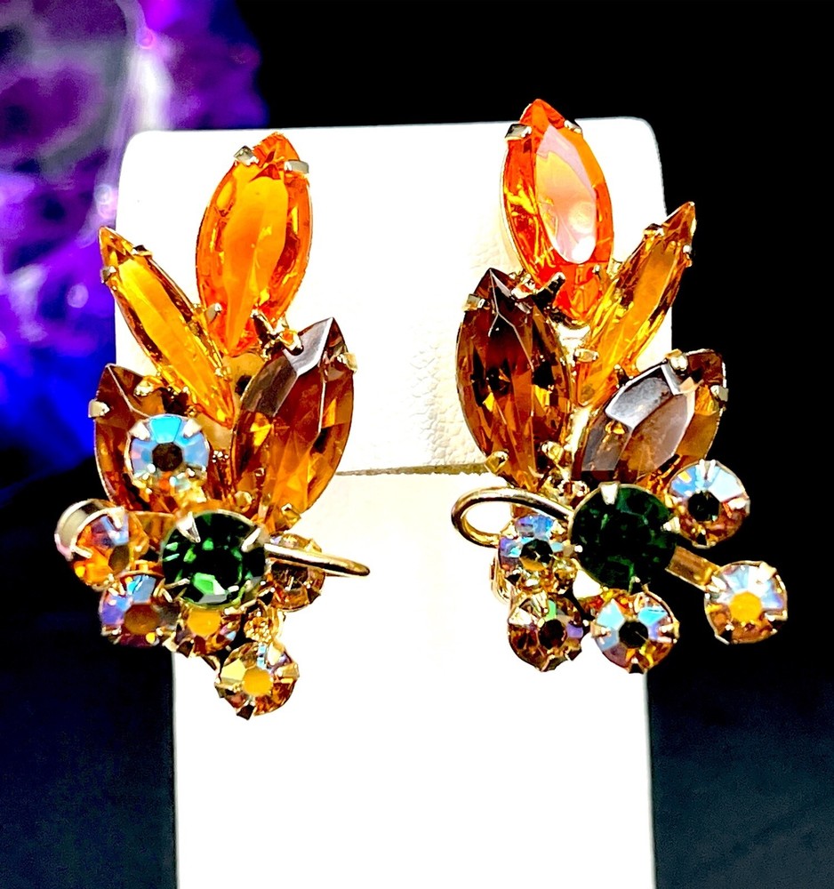 TARA BY JULIANA D&E ORANGE TOPAZ NAVETTE CRYSTAL AB RHINESTONE CLIP EARRINGS