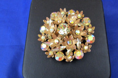 Vintage Aurora Borealis (AB) Clear Rhinestone Floral Brooch Pin Gold Tone MCM