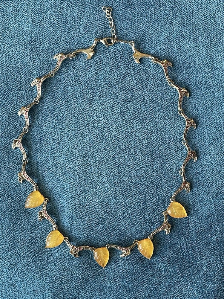 Vintage Opalescent Leaf Necklace Rhinestone Art Nouveau Style Amber Glass Dangle