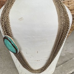 Vtg Multi Strand Gold Tone Chain Statement Necklace Marbled Green Rhinestones