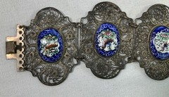 Vintage Chinese Silver Intricate Filigree Enamel Animals Plaques Story Bracelet