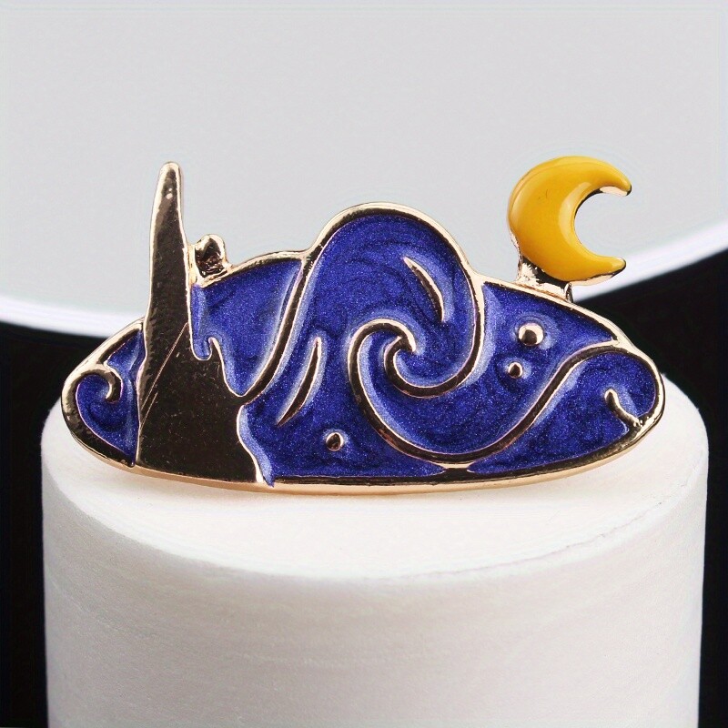 Vintage Creative Cartoon Van Gogh Oil Painting Starry Sky Moon Brooch