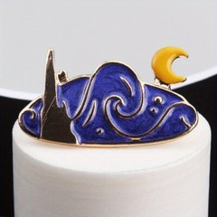 Vintage Creative Cartoon Van Gogh Oil Painting Starry Sky Moon Brooch