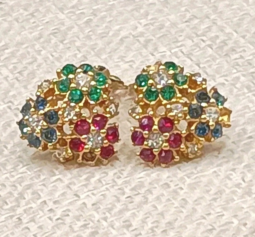 Vintage Ciner Floral Rhinestone Clip Earrings Blue Green Red Gold Tone READ