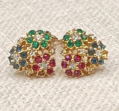 Vintage Ciner Floral Rhinestone Clip Earrings Blue Green Red Gold Tone READ